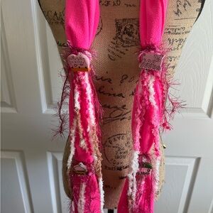 NWOT Handcrafted Scarf in Pink w/ Tan, White, Pink Ribbons and Farm Animal Bling